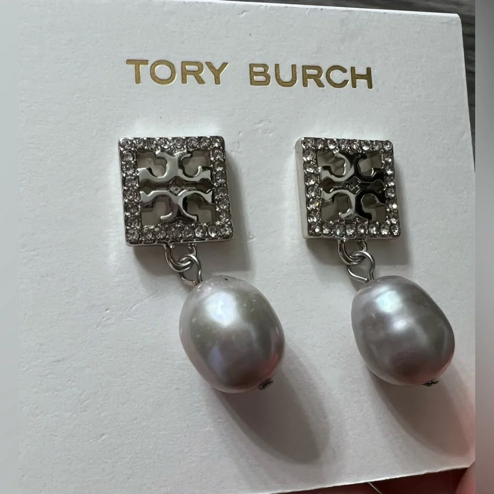 Tory Burch Silver and White Pearl Drop Earrings